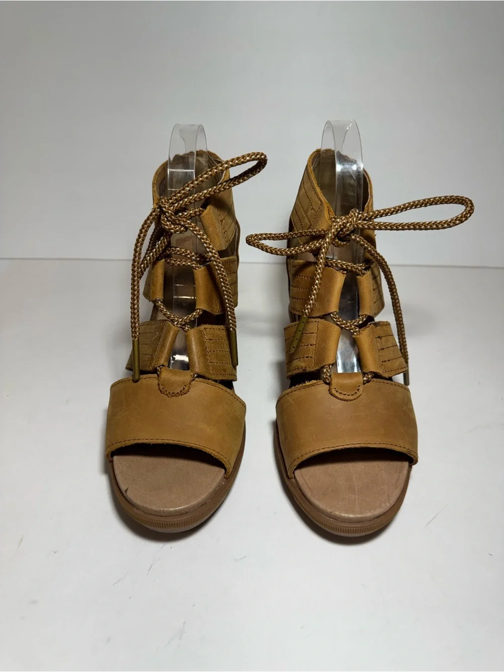 Sorel Tan Leather Joanie Il Lace Up Ankle Wedge Heel Strappy Sandals Size 9